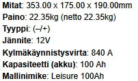 Lataa kuva Galleria-katseluun, Akku 100Ah, 840A(EN) (/+) 12v Woima vapaa-ajan akku 353x175x190mm
