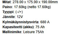 Akku 75Ah, 680A(EN) (/+) 12v Woima vapaa-ajan akku 278x175x190mm